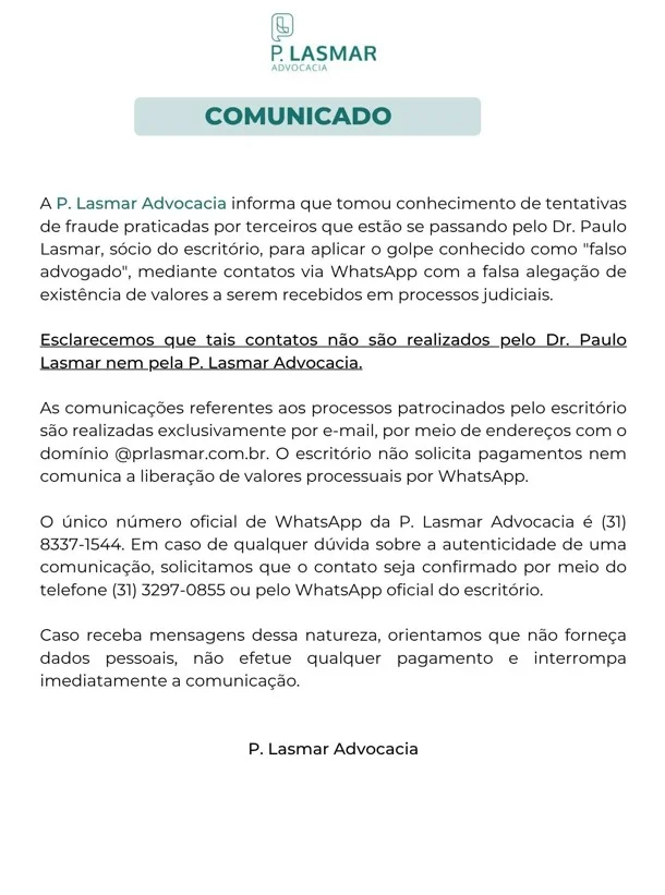 Comunicado oficial da P Lasmar Advocacia alertando sobre o golpe falso advogado no WhatsApp.